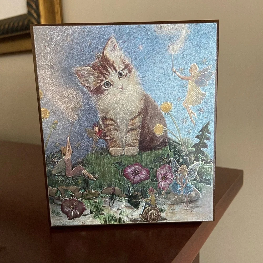 🩷 Vintage Kitten Cat and Fairy Foils Wooden Trinket Box Souvenir Cedar Box
